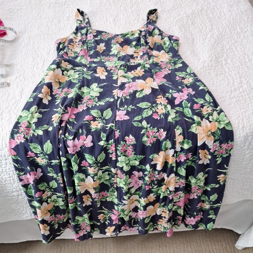 Old Navy 2x Blue Pink Green Floral Fit Flare Smocked Empire Linen Dress Pockets